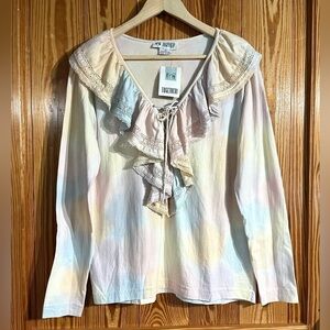 100% Cotton Pink Pastel Tie Dye Ruffled Lace-Up V-Neck Long Sleeve Made in India